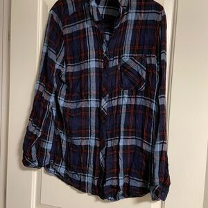 beachlunchlounge Women's Navy and Red Plaid Button Down Shirt